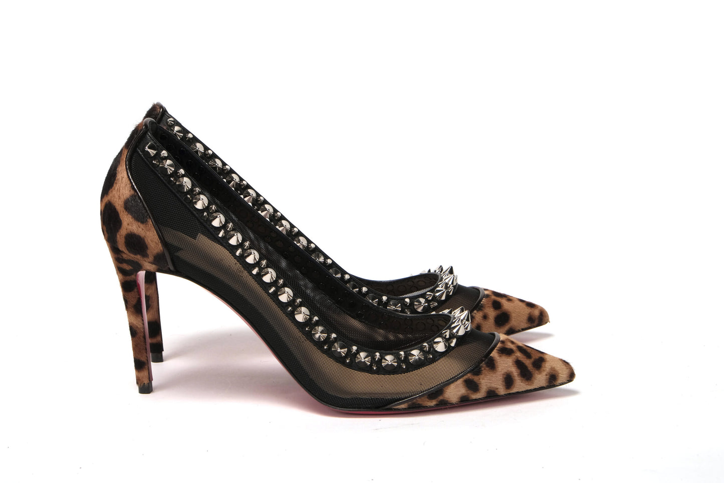 Brown Silver Leopard Nappa And Mesh Studded High Heels Pumps