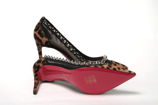 Brown Silver Leopard Nappa And Mesh Studded High Heels Pumps