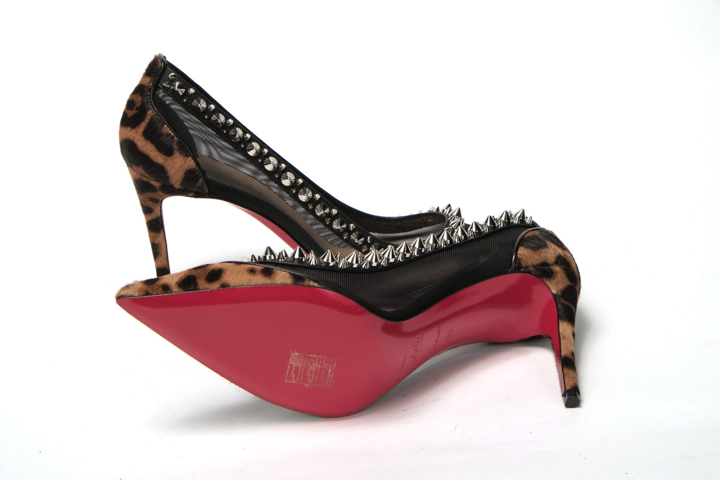Brown Silver Leopard Nappa And Mesh Studded High Heels Pumps