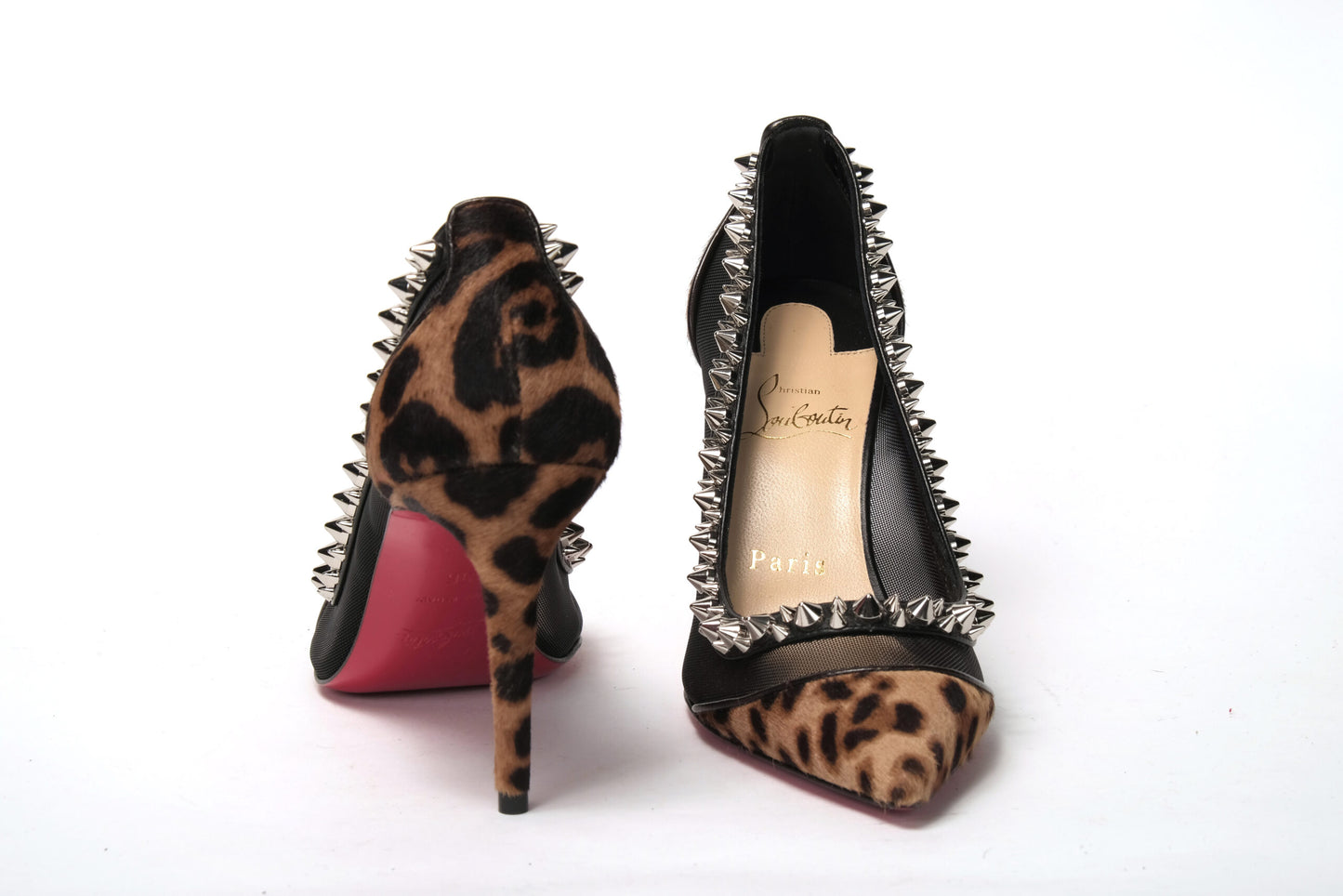Brown Silver Leopard Nappa And Mesh Studded High Heels Pumps