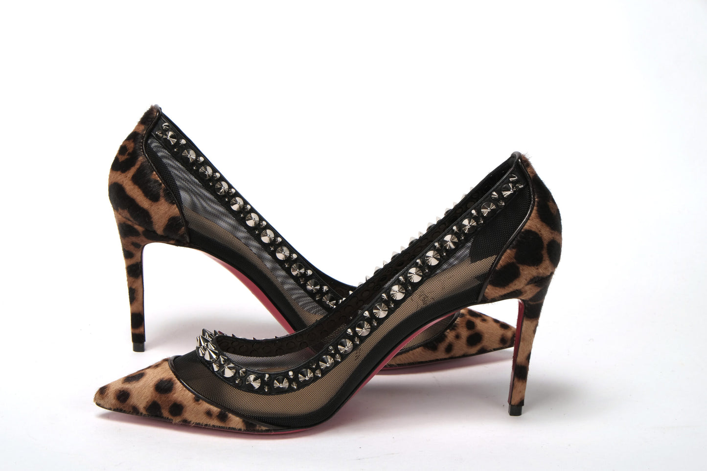 Brown Silver Leopard Nappa And Mesh Studded High Heels Pumps