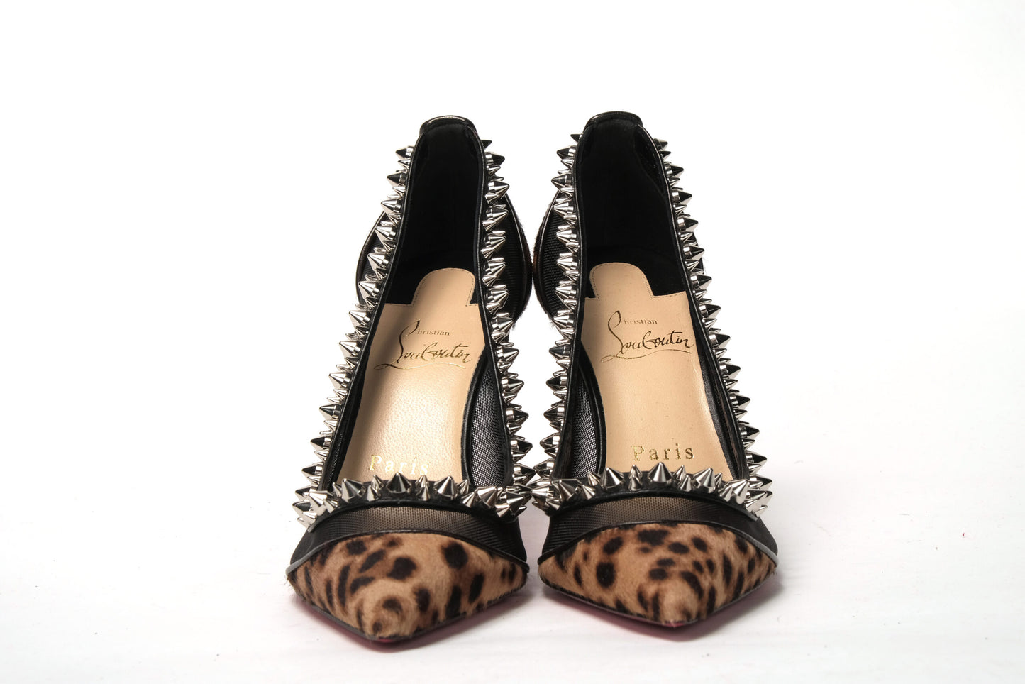 Brown Silver Leopard Nappa And Mesh Studded High Heels Pumps