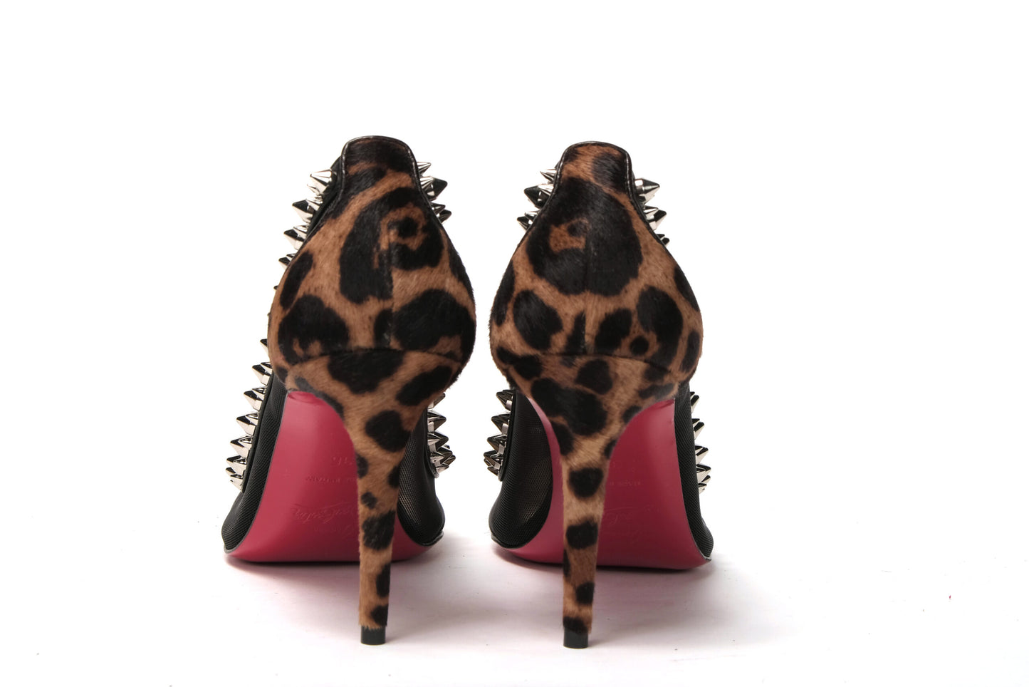 Brown Silver Leopard Nappa And Mesh Studded High Heels Pumps