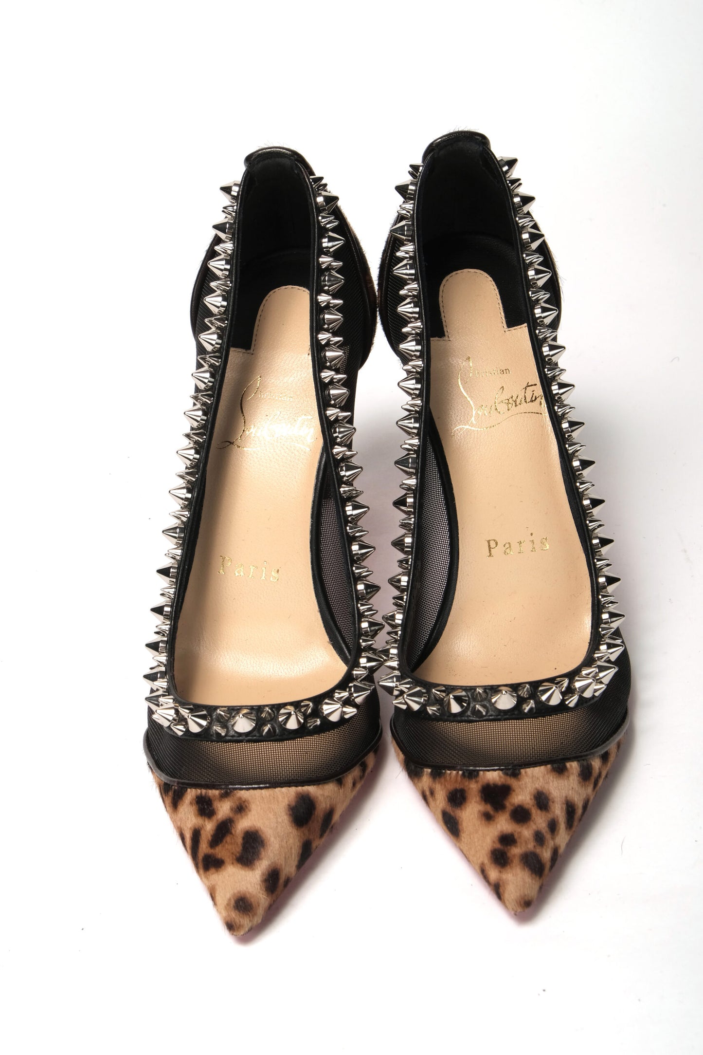 Brown Silver Leopard Nappa And Mesh Studded High Heels Pumps
