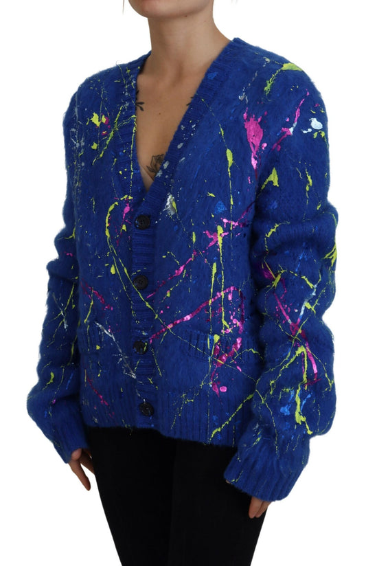 Blue Color Splash Mohair Cardigan Sweater