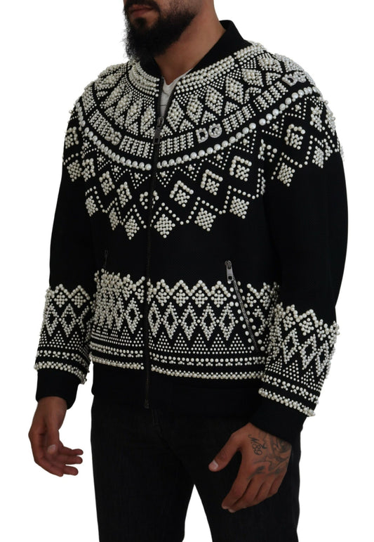 Embellished Black Cotton Zip Sweater