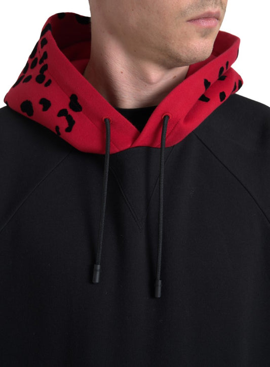 Elegant Black Leopard Print Cotton Hoodie