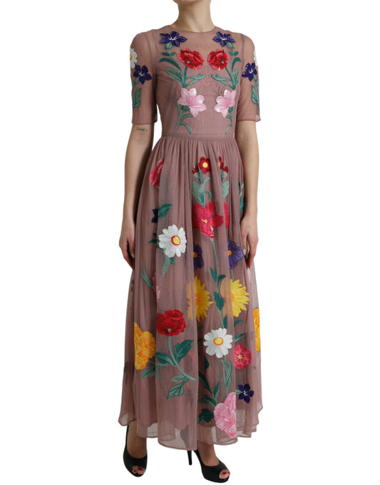 Elegant Rose Gold Maxi Dress with Floral Embroidery
