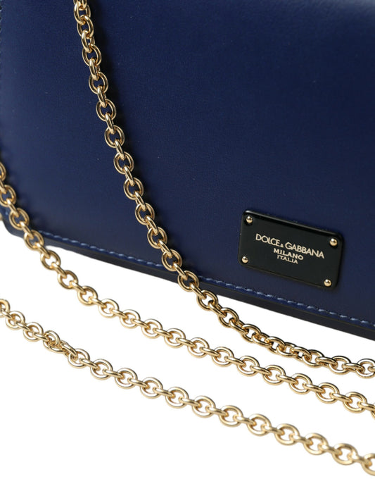 Elegant Blue Leather Phone Bag with Gold Accents