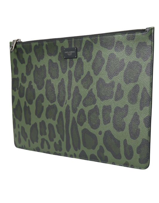 Elegant Green Leopard Print Calf Leather Clutch