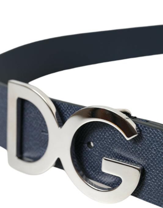 Blue Leather Silver Logo Metal Buckle Belt