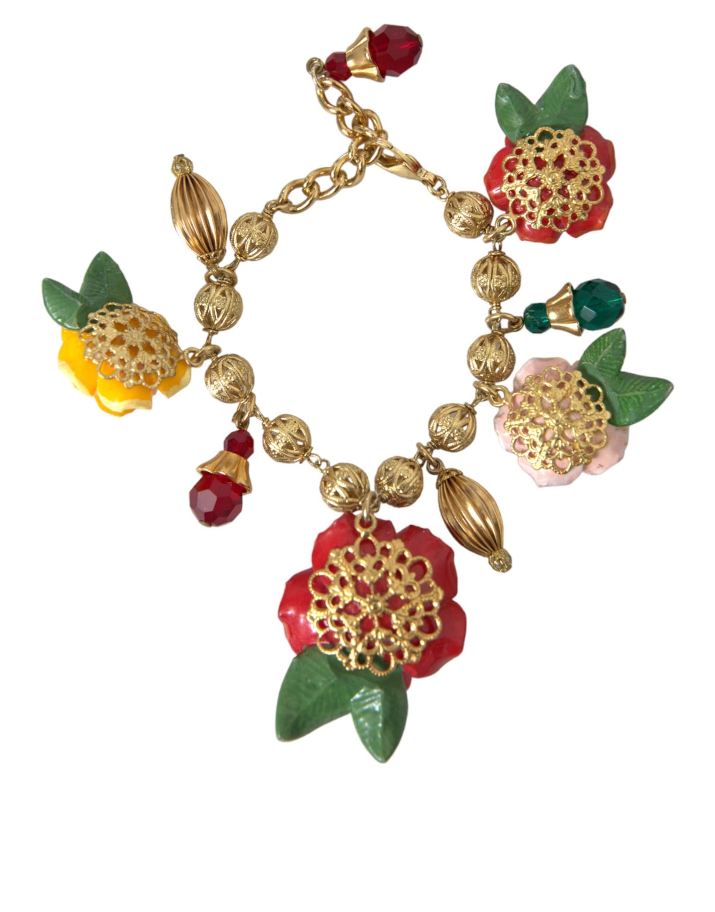 Gold Brass Multicolor Crystal Rose Ball Chain Bracelet