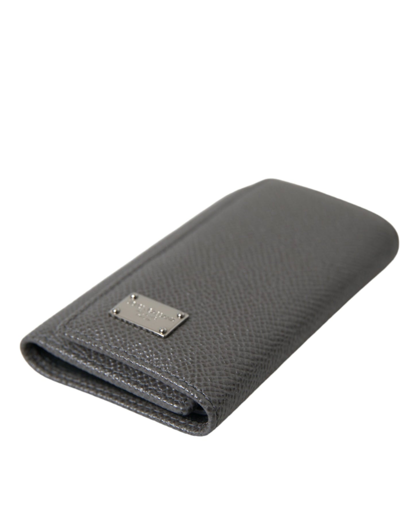 Gray Leather Folding Key Holder Case Logo Plaque Keychain