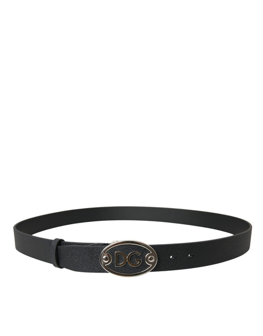 Black Leather Oval Logo Buckle Belt Men