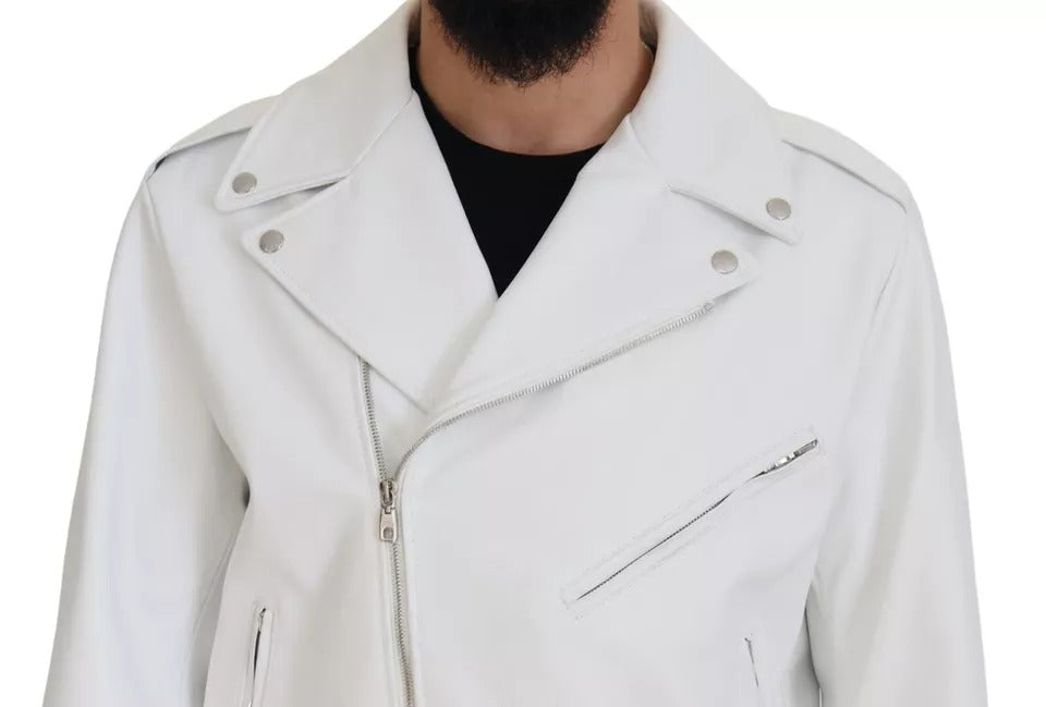 White Leather Biker Coat Zipper Jacket
