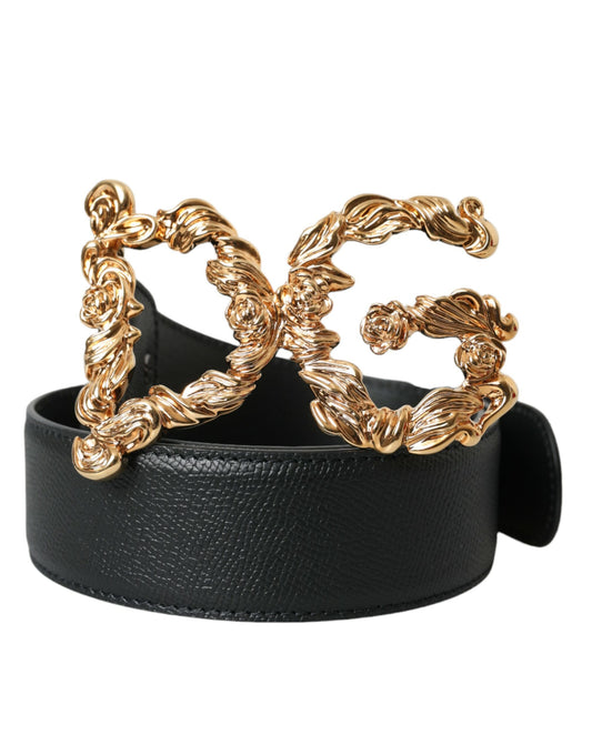 Black Leather Baroque Gold DG Logo Waist Buckle Belt