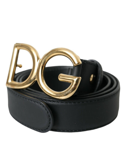Black Leather Gold DG Logo Waist Buckle Belt