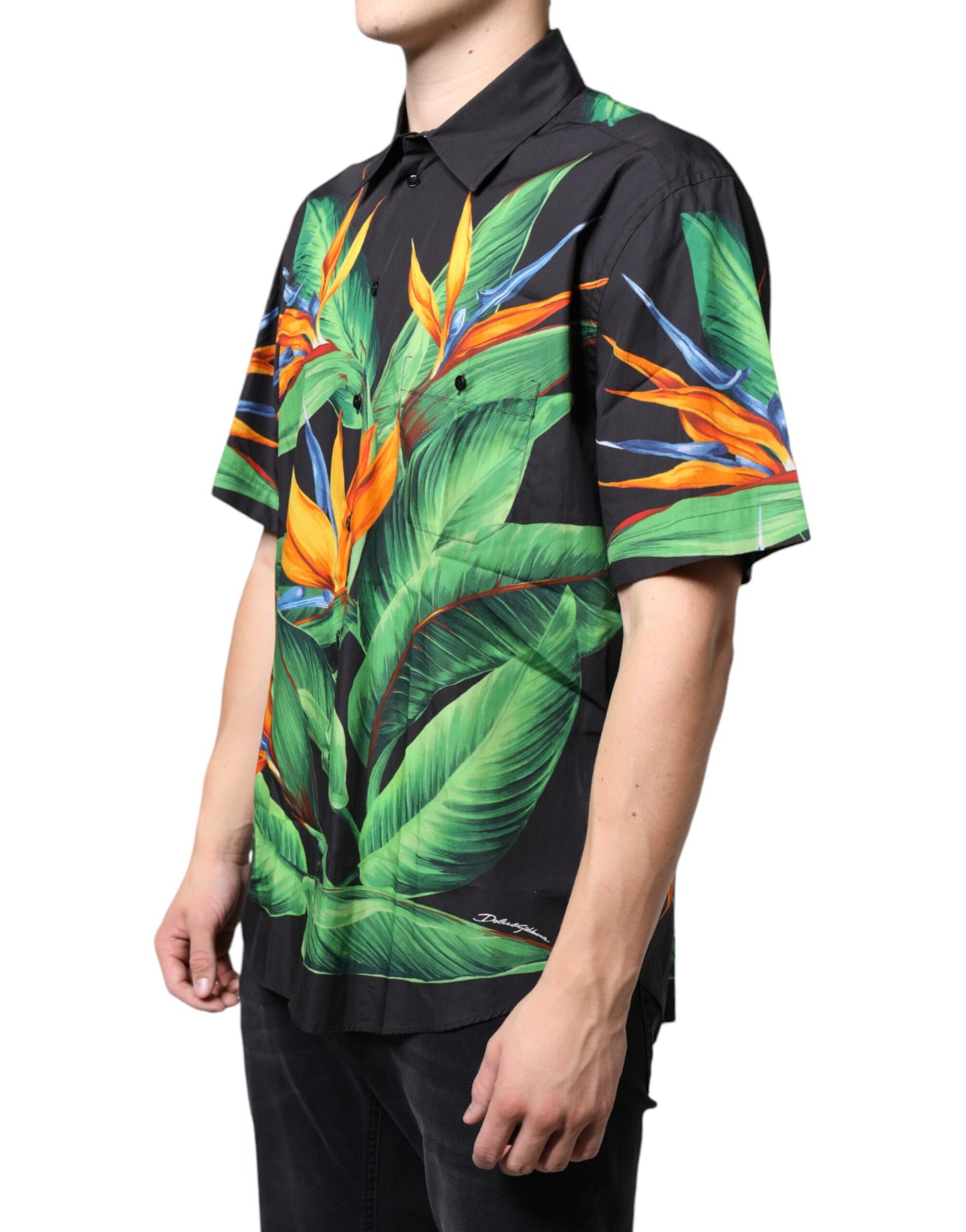 Black Leaves Print Button Down Casual Shirt