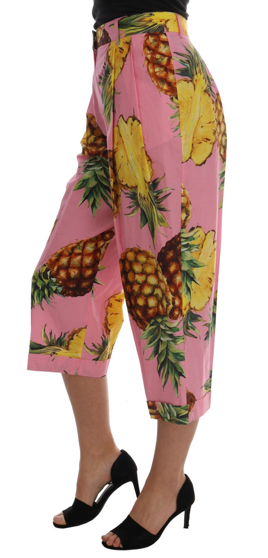 Pink Pineapple Print Cotton Capri Pants