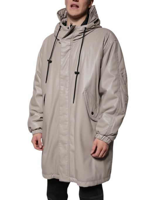 Beige Full Zip Hooded Long Sleeves Casual Coat Jacket