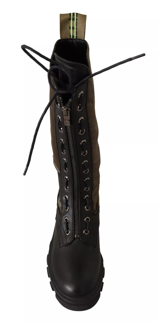 Black Green High Combat Boots Lace Up Military Shoes
