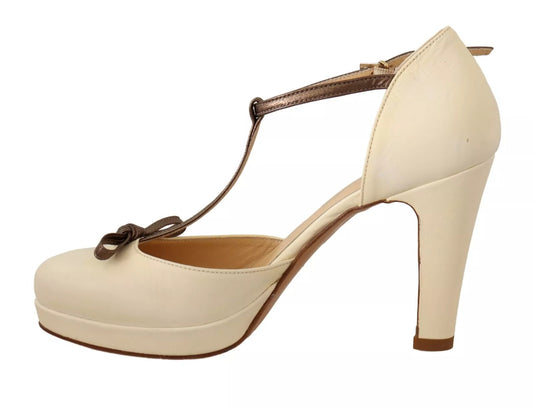 Off White Leather T-Strap Heels Sandals Shoes