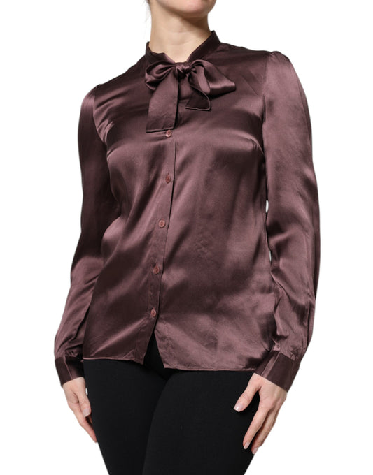 Brown Ascot Collar Long Sleeve Blouse Top