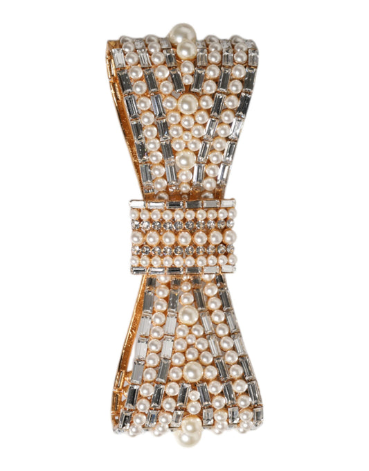 Gold Tone Brass Bow Crystal FauxPearl Embellished Brooch
