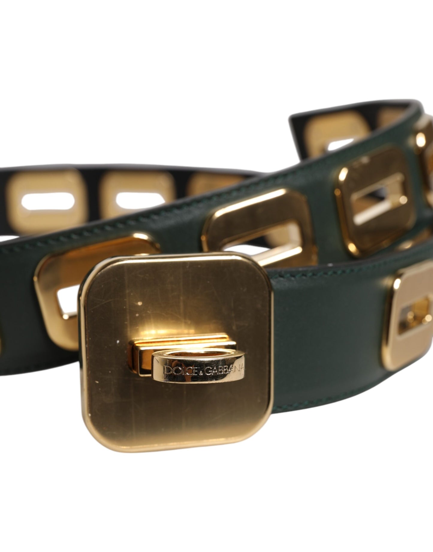 Green Leather Gold Tone Rotating Buckle Belt