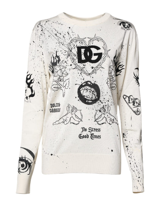 White Logo Angel Print Women Pullover Sweater