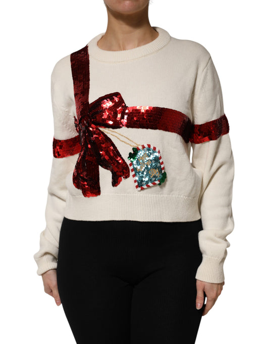 White Sequined Crew Neck Pullover Sweater