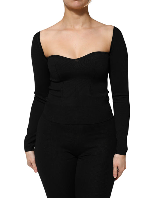 Black Viscose Long Sleeve Pullover Blouse Top