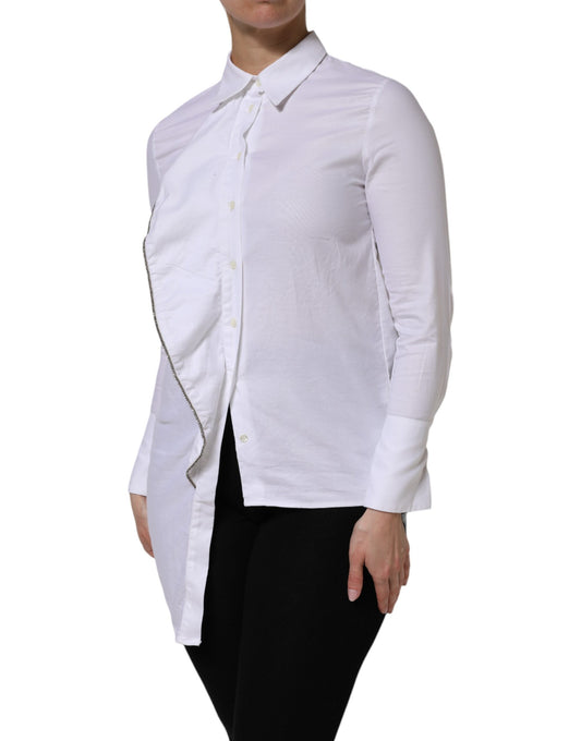 White Cotton Collared Long Sleeves Ruffle Top Shirt