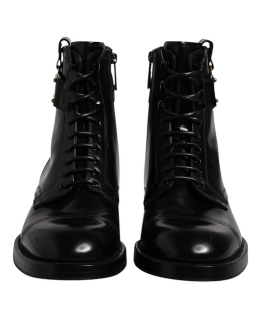 Black Leather Mid Calf Boots Lace Up Shoes