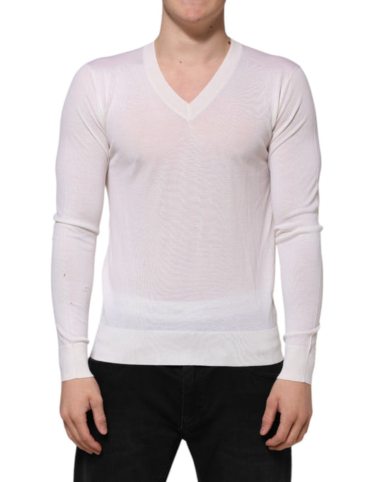 White Cashmere Logo V-neck Pullover Sweater