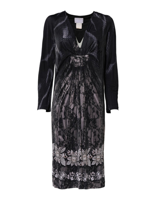 Black Floral Viscose Sheath Midi Dress