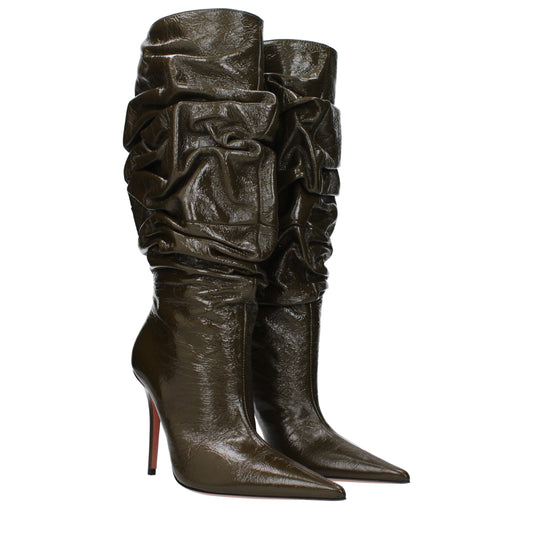 Green Leather High Heel Boots