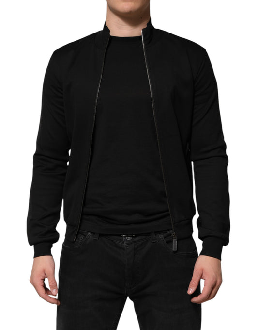 Black Cotton Logo Full Zip Men Bomber Jacket