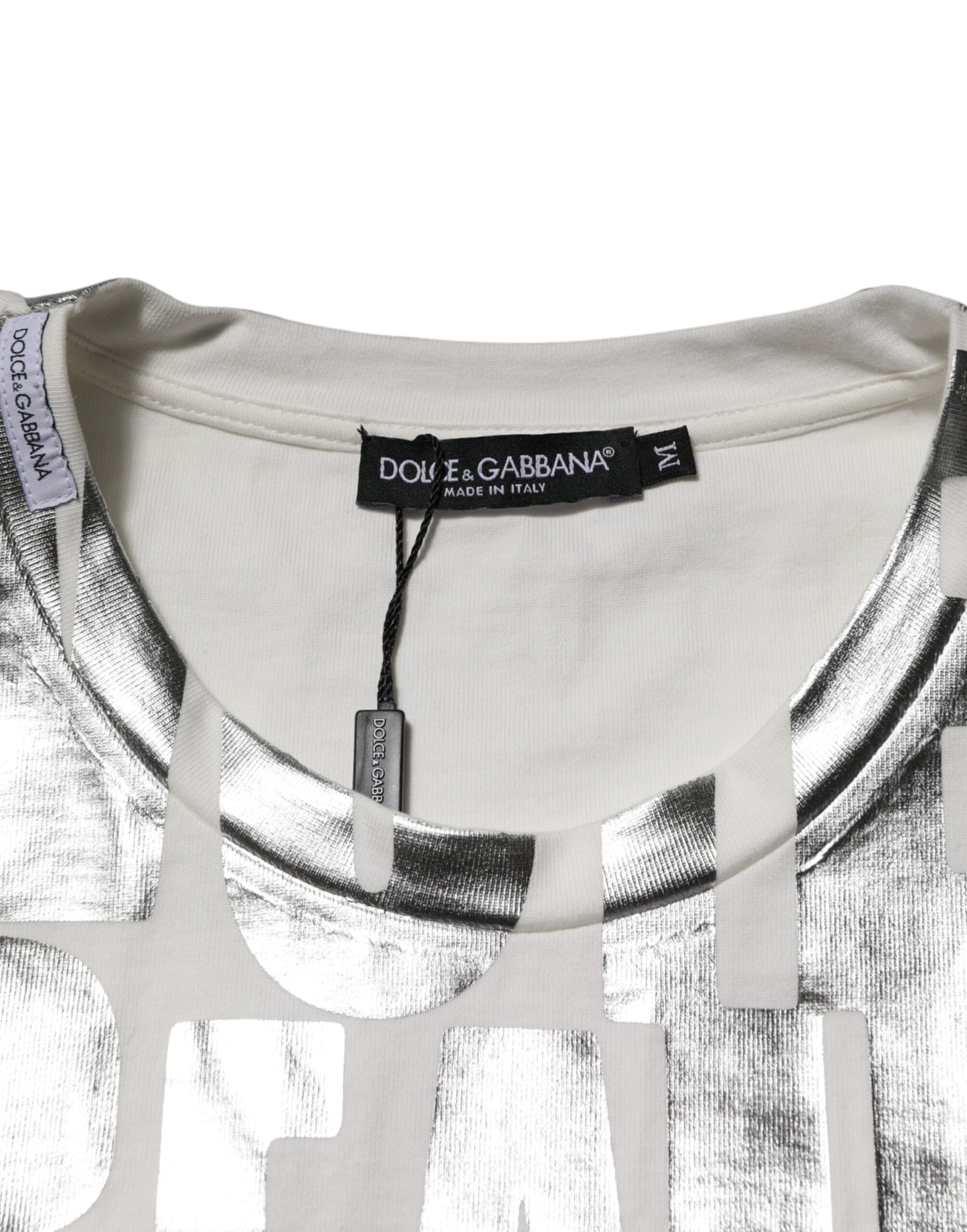 White Cotton Silver Metallic Slogan Print T-shirt