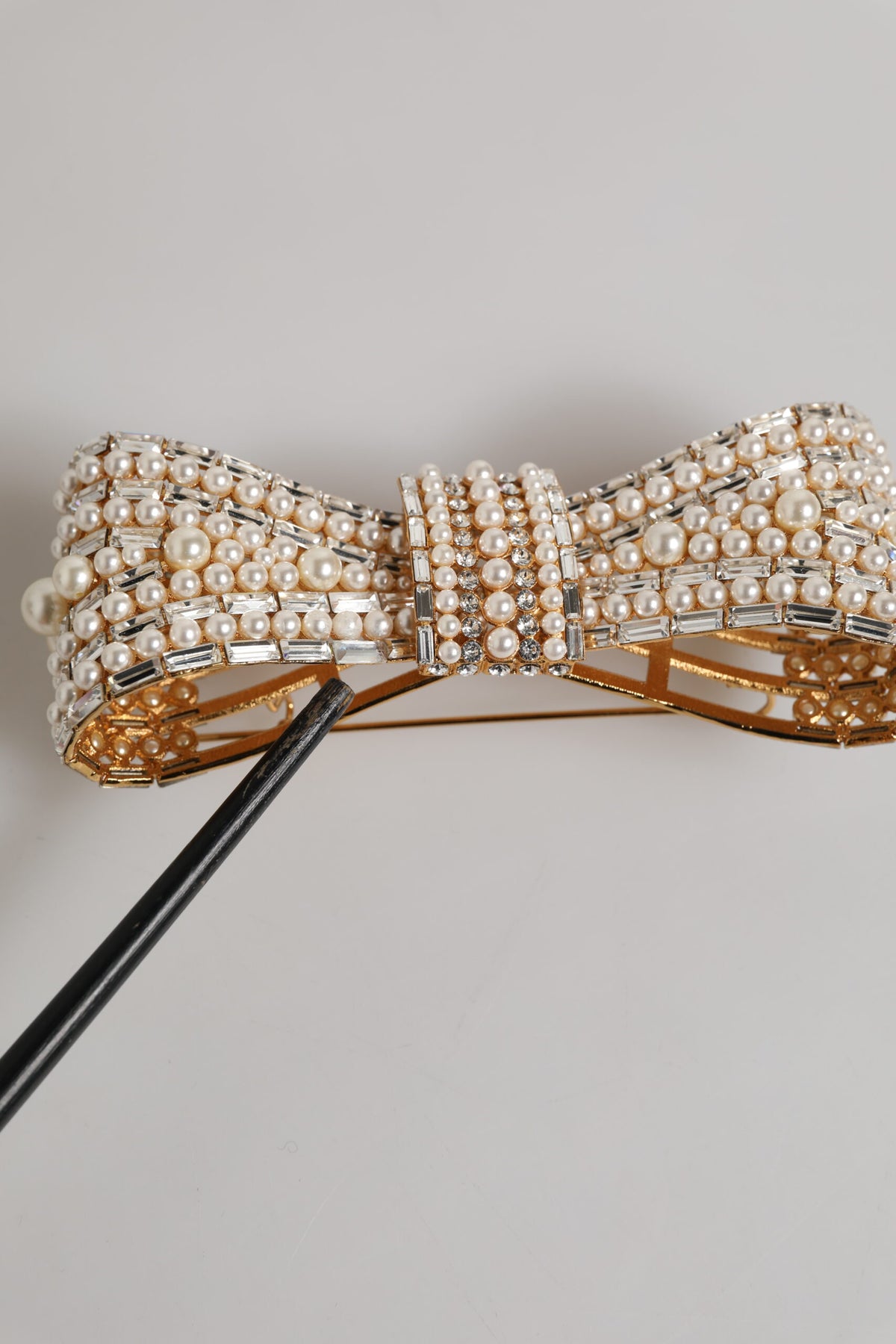 Gold Tone Brass Bow Crystal Faux Pearl Embellished Brooch