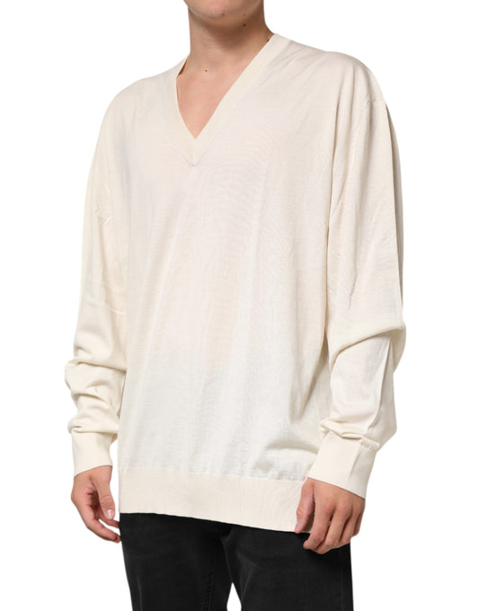 Ivory Virgin Wool Men V-Neck Knit Sweater