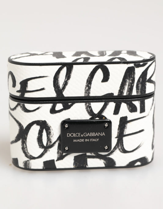 Black White Leather Monogram Print Logo Holder Airpods Case