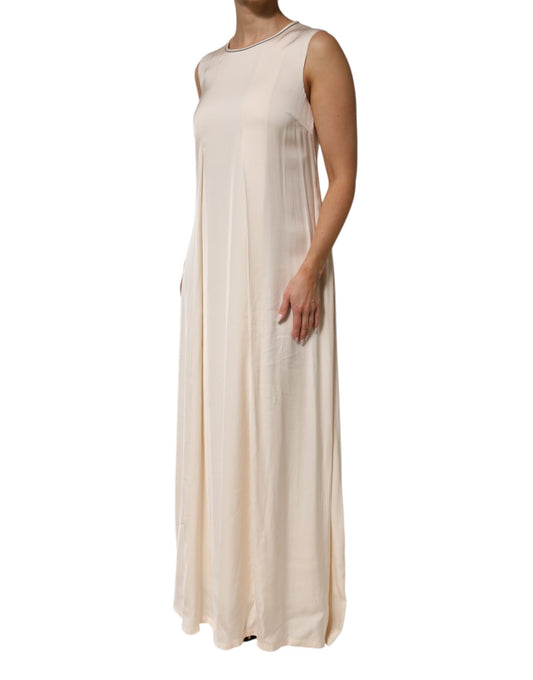 Beige Viscose Pleated Sleeveless Long Maxi Dress