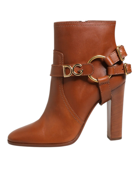 Brown Leather DG Logo Buckle Ankle Boots Shoes