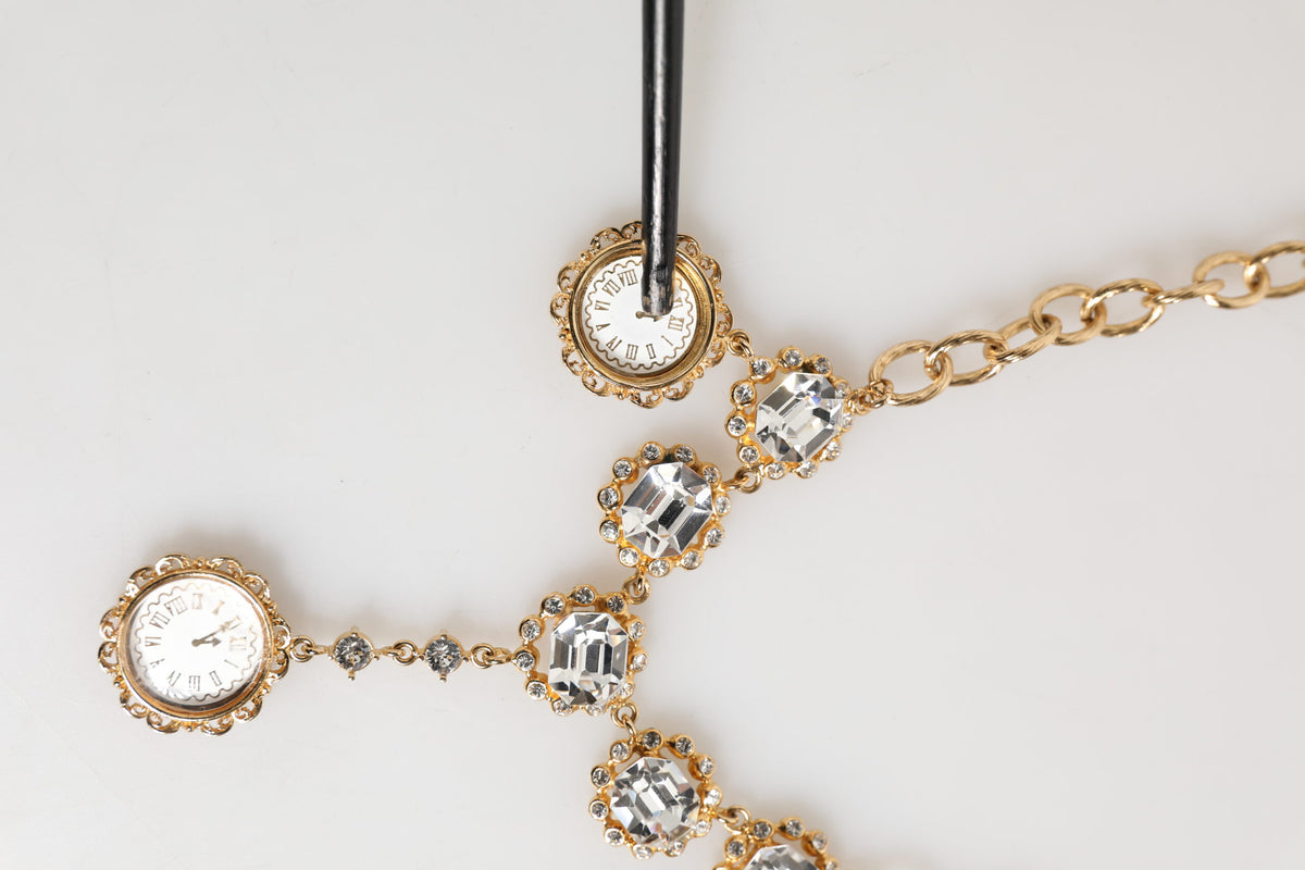 Gold Crystal Clock Face Pendant Statement Jewelry Necklace