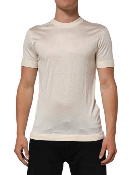 Off White Silk Crew Neck Short Sleeve T-shirt