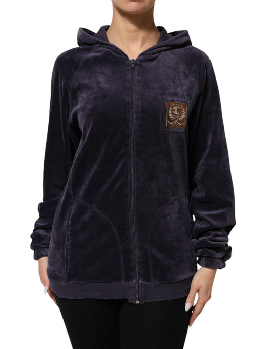 Purple Cotton Blend Velvet Zip-Up Hoodie Sweatshirt Sweater