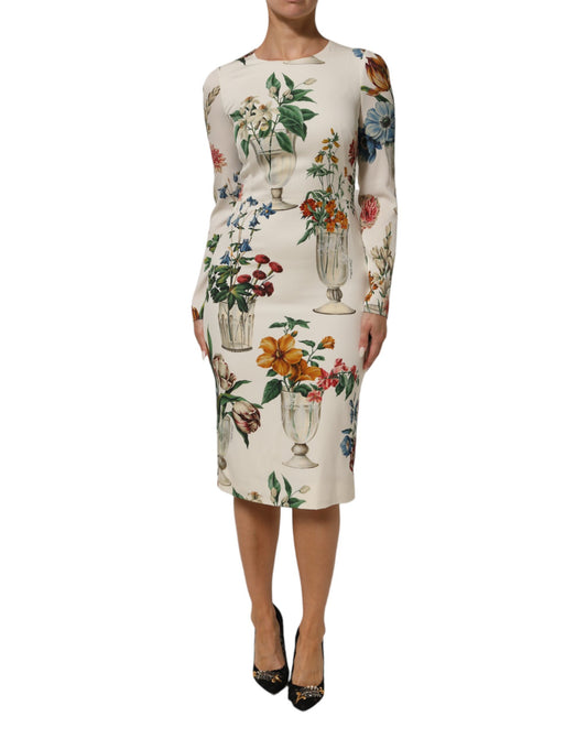 White Flower Vase Silk Sheath Midi Dress