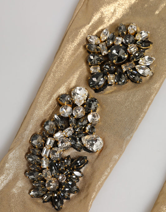 Beige Satin Crystal Elbow Length Mitten Gloves