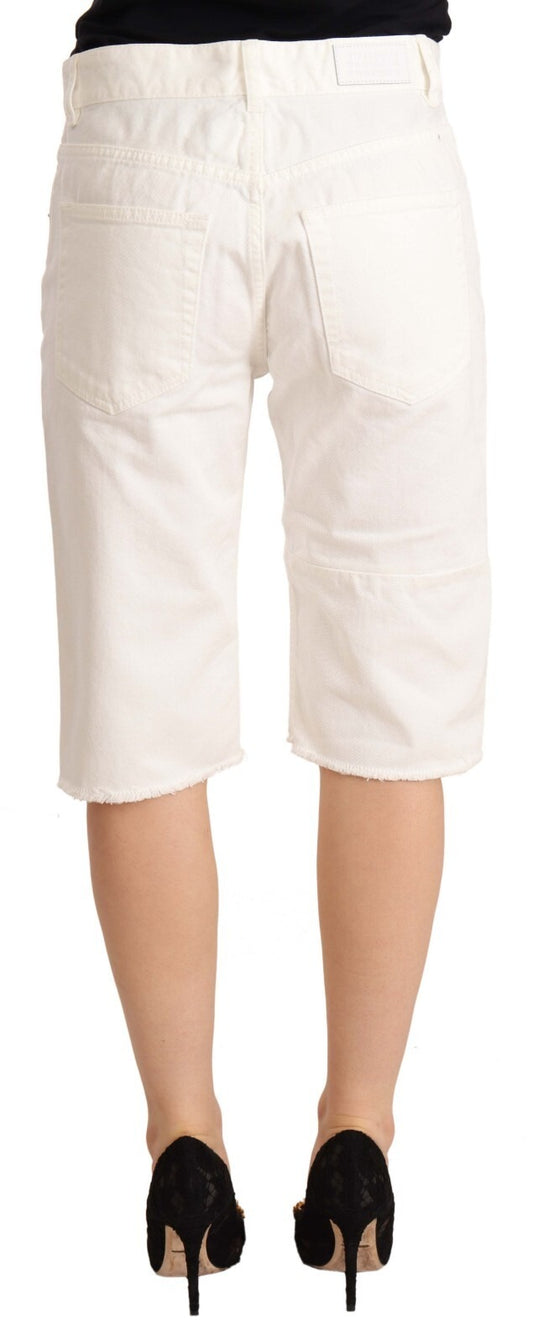 White Mid Waist Knee Length Bermuda Shorts